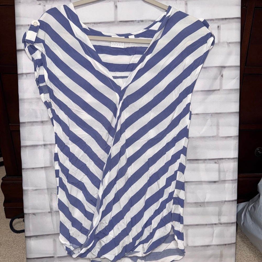 Soho Jeans New York & Company Blue White Striped V-Neck Wrap Front Blouse Medium